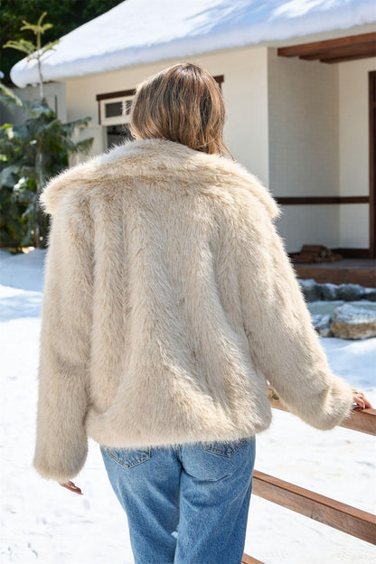 Women Faux Fox Fur Coat Wide Notch Lapel Fluffy Furry Jacket