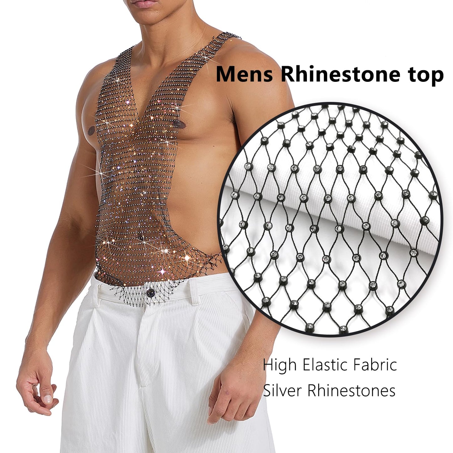 Mens Sexy Rhinestones Fishnet Tank Top, Deep V Neck Sparkly Sleeveless Muscle Shirt For Club Party (US, Alpha, One Size, Regular, Regular, Black)
