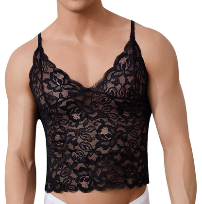 Men’s Lace Cami Top Floral Sheer Camisole Ruffle V-Neck Sleeveless Shirt See Through Undershirt Black Medium