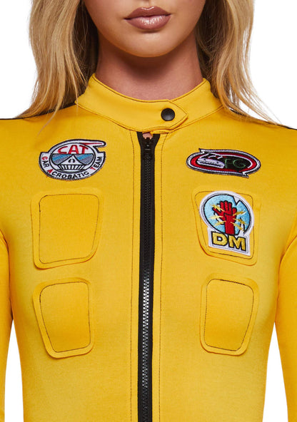 Dolls Kill Revenge Assassin Costume by Trickz N’ Treatz – Women’s Yellow Zip-Up Jumpsuit with Belted Waist & Racing Patches, Small