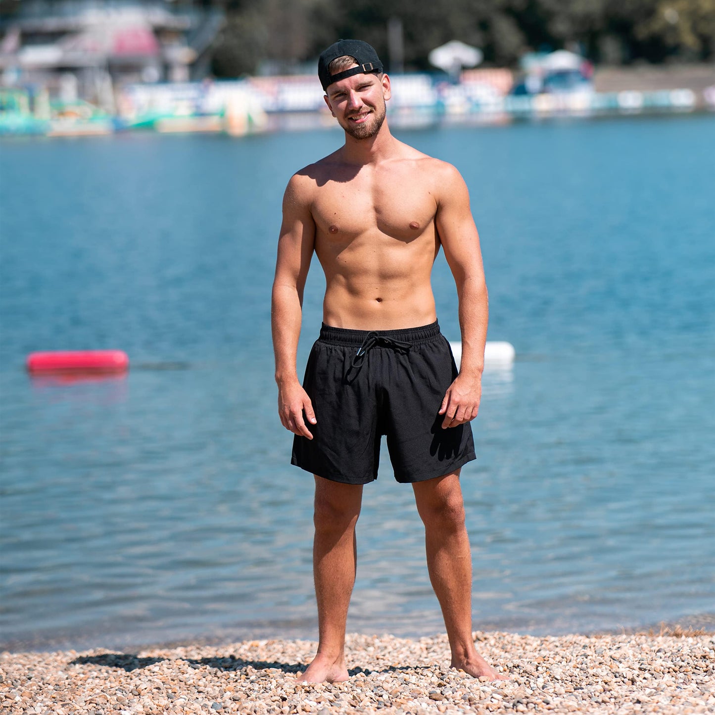BRISIRA Mens Swim Trunks Swim Shorts Quick Dry 5 inch Inseam Beach Shorts with Compression Liner and Zipper Pocket Black