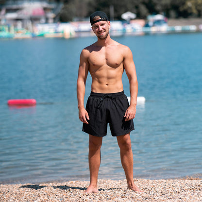BRISIRA Mens Swim Trunks Swim Shorts Quick Dry 5 inch Inseam Beach Shorts with Compression Liner and Zipper Pocket Black