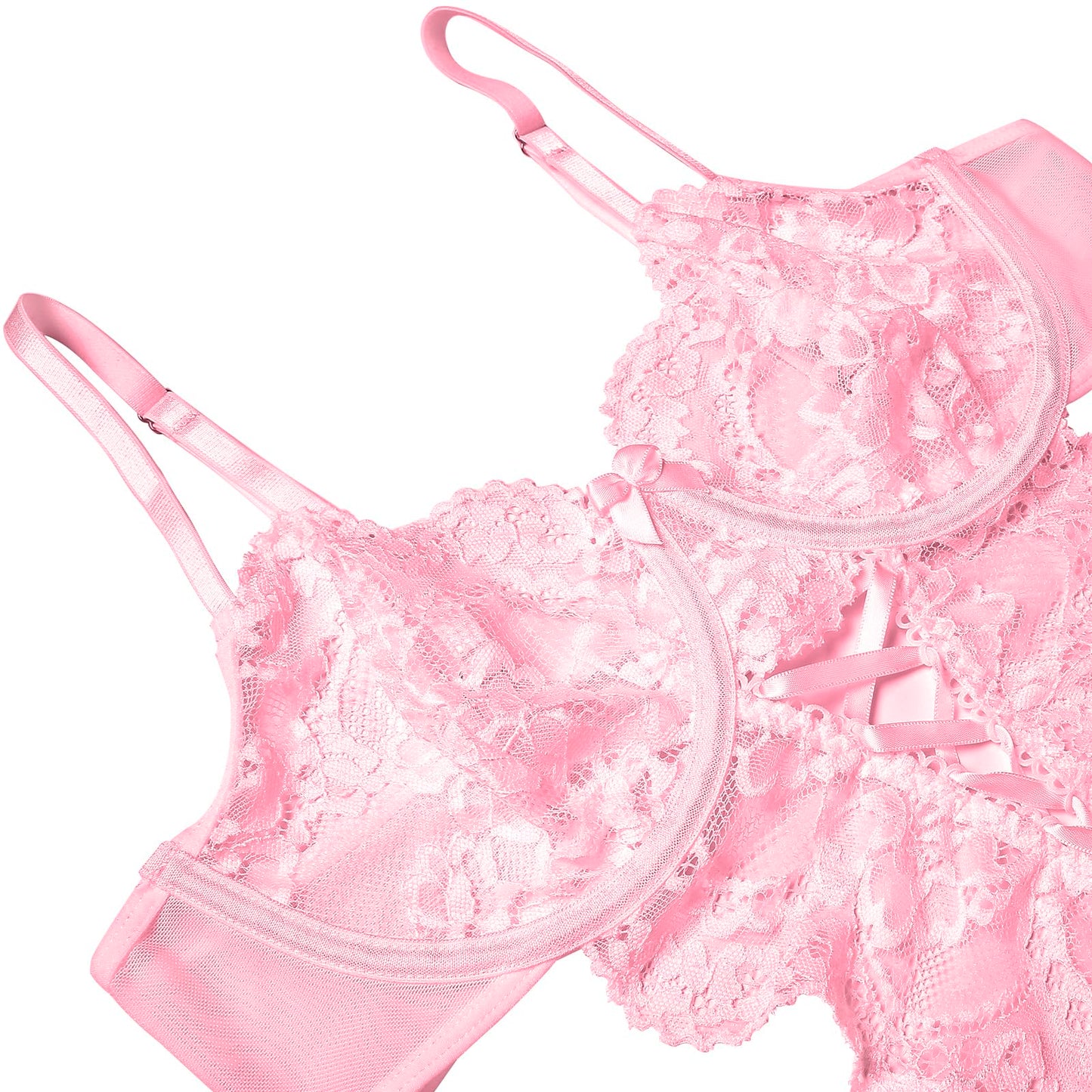 Donnalla Lingerie Sets for Women Sexy - Underwire Push Up Bodysuit with Bows, Side Cutout Lace Teddy Lingerie Pink