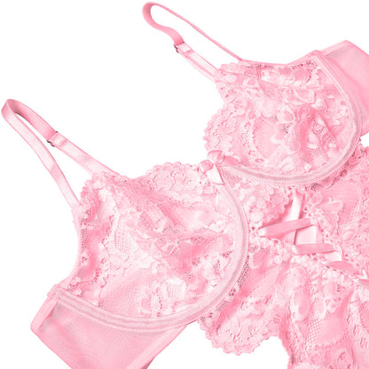 Donnalla Lingerie Sets for Women Sexy - Underwire Push Up Bodysuit with Bows, Side Cutout Lace Teddy Lingerie Pink