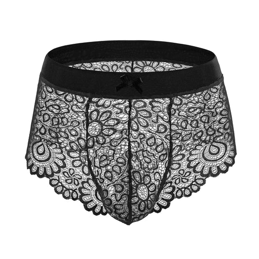 Men's Sissy Lace Panties Bowknot Low Waist Sheer Mesh Bikini Briefs Crossdressing Underpants Black Medium