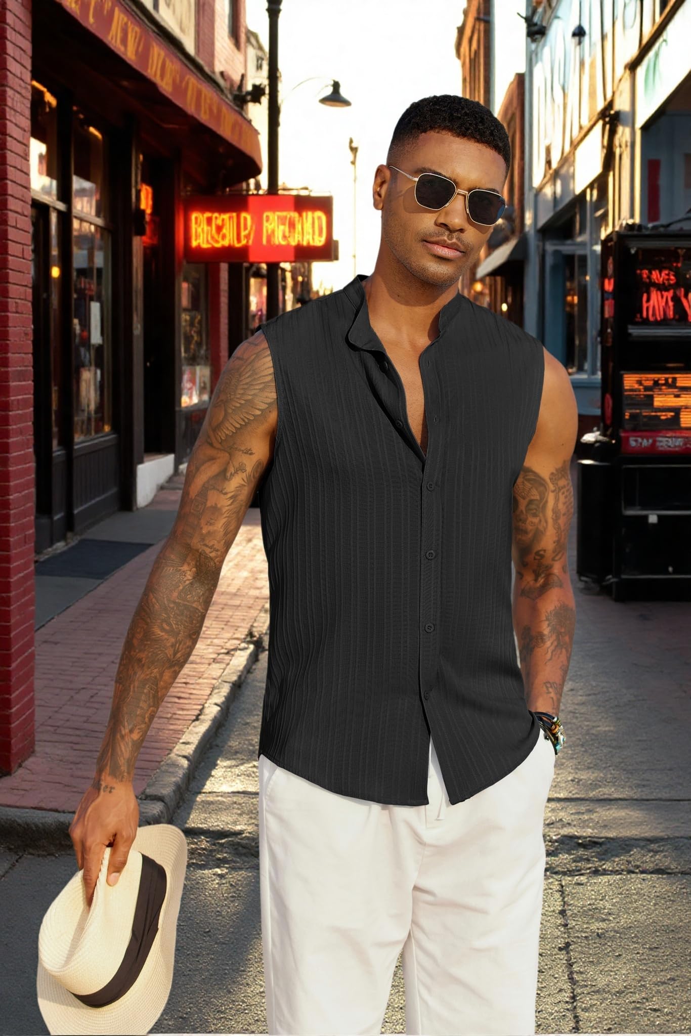 COOFANDY Mens Sleeveless Summer Shirts Beach Tank Tops Button Up Textured Tank Shirt for Vacation,Black,L