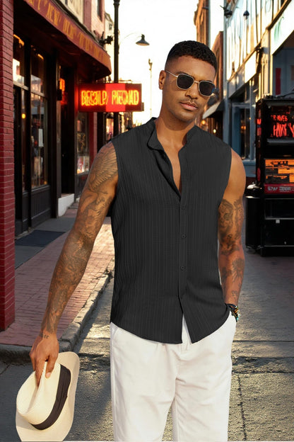 COOFANDY Mens Sleeveless Summer Shirts Beach Tank Tops Button Up Textured Tank Shirt for Vacation,Black,L