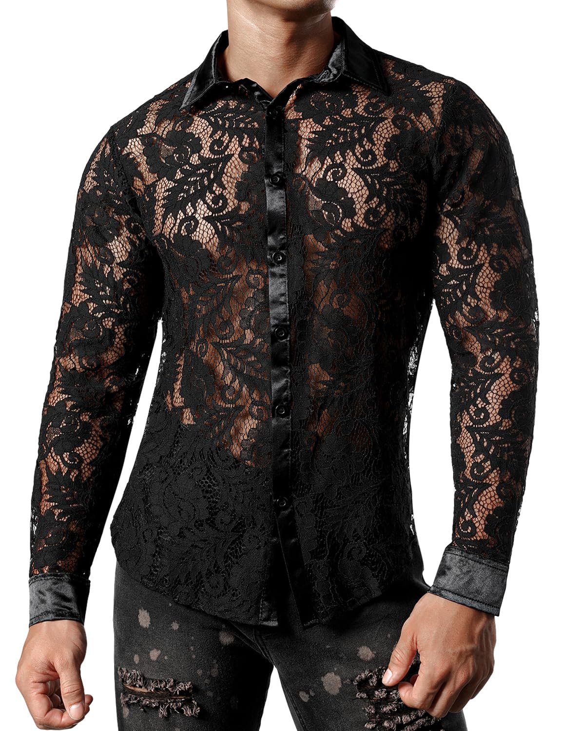 JOGAL Men's See Through Flower Lace Sheer Blouse Long Sleeve Button Down Shirts Black Large