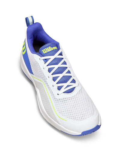 WILSON Rush Pro Lite Men's Tennis Shoes, White/Amparo Blue/Safety Yellow, 9.5