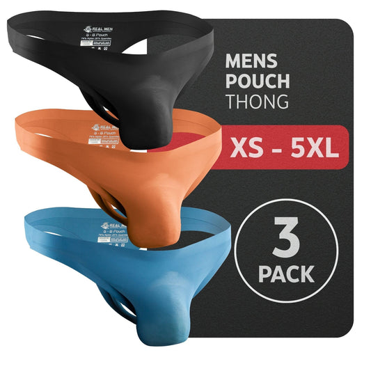 RM Real Men Seamless Thongs Nylon Brushed No Fly Mid-Rise 3 Pack 0 Inch Black/Nightfall/Red Stone B Pouch Medium