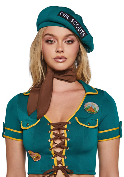 Dolls Kill Women’s Scout Girl Costume by Trickz N’ Treatz – Halloween Party Outfit with Lace-Up Top, Shorts, Belt & Beret Hat, Green, XX-Small