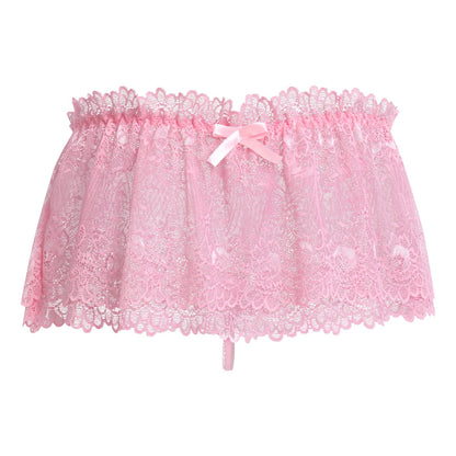 ABAFIP Men's Lace Lingerie Crossdressing Sissy Skirted Panties Low Waist Mesh Sheer G-string Thong Bikini Briefs Underwear Pink Large