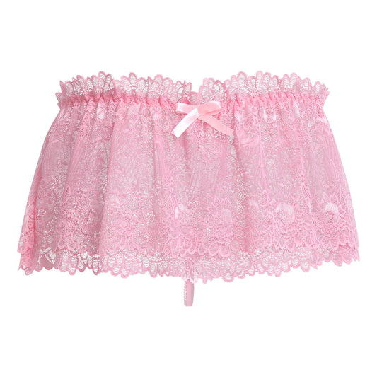 ABAFIP Men's Lace Lingerie Crossdressing Sissy Skirted Panties Low Waist Mesh Sheer G-string Thong Bikini Briefs Underwear Pink Large
