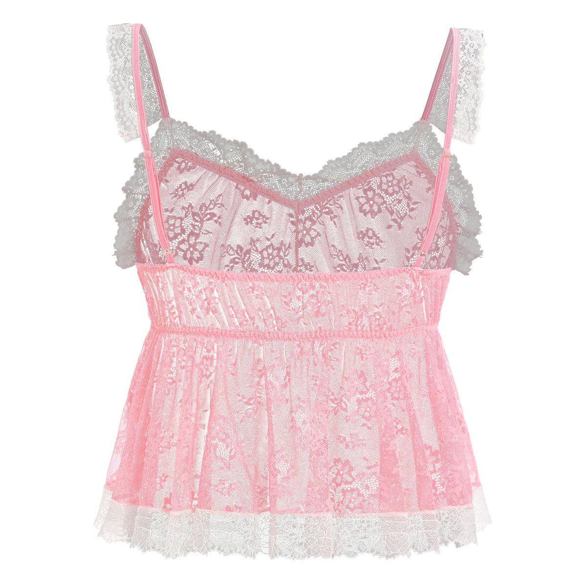 Men‘s Sheer Lace Camisole Floral See Through Cami Top Sleeveless Mesh Shirt for Crossdressing Party Pink Large