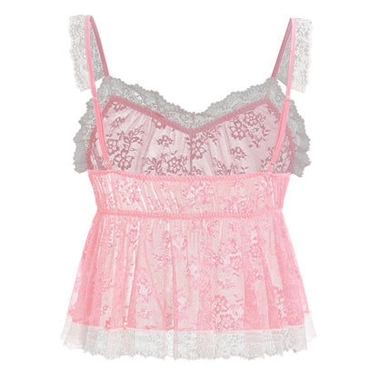 Men‘s Sheer Lace Camisole Floral See Through Cami Top Sleeveless Mesh Shirt for Crossdressing Party Pink Large