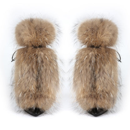 Maiosfy Furry Pointed Stiletto Heels with Straps Large Size Ankle Boots Heavy-Duty Soft Faux Fur Shoes Clubwear for Party Evening Footwear Unisex