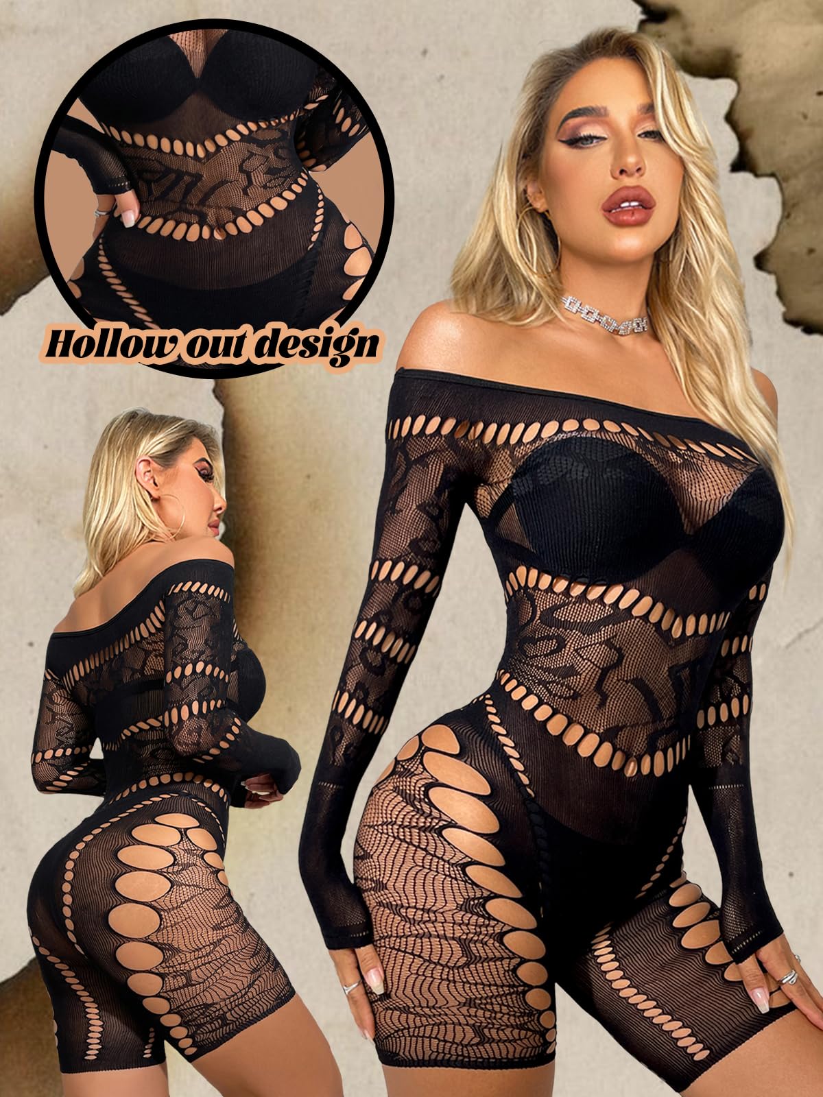 Sesiwadbe Woman Lingerie Bodysuit Fishnet Bodystocking Sexy Bodycon Jumpsuit (BlackV,M)