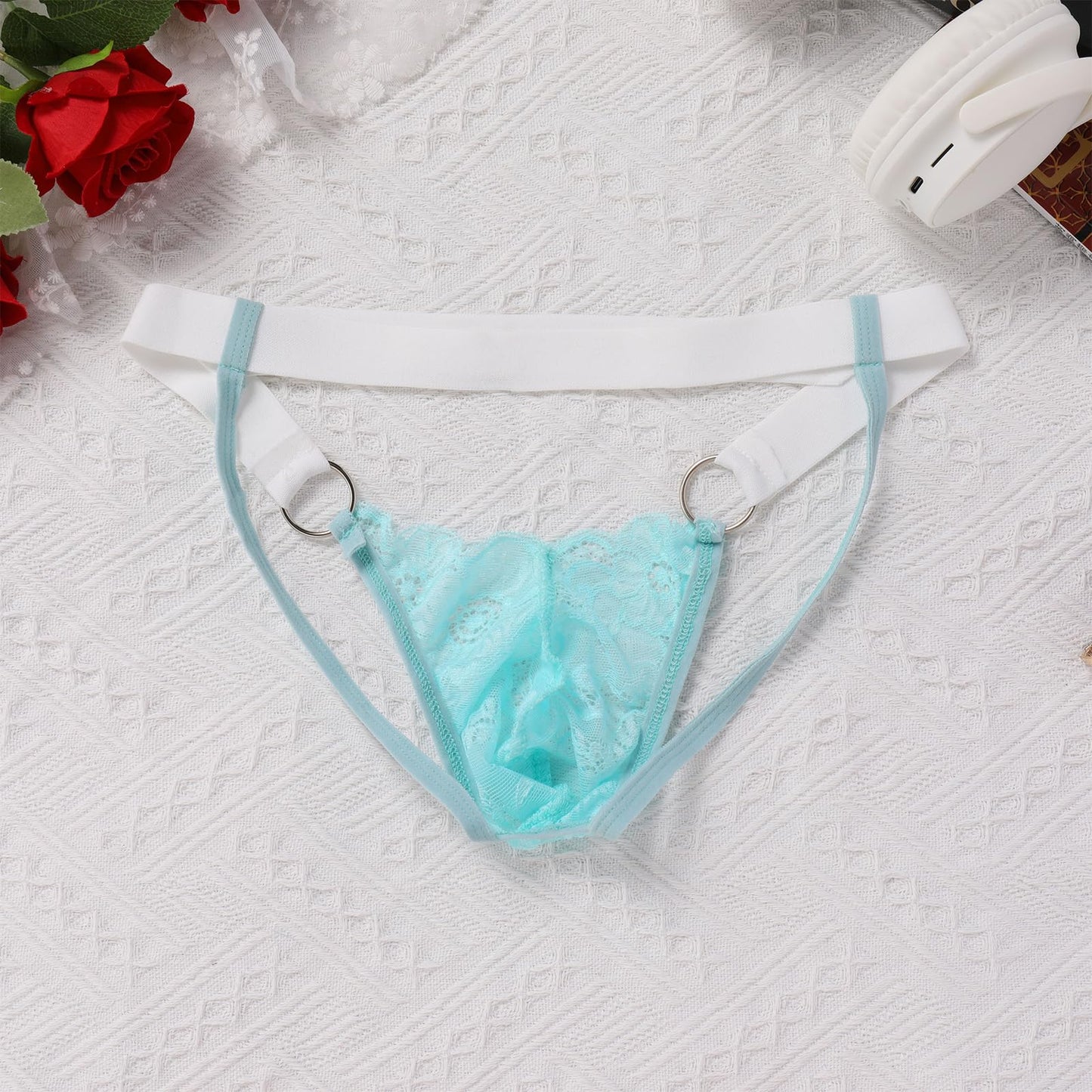 ABAFIP Men's Lace Thong Underwear Low Waist Sissy Pouch G-String Panties Crossdressing Lingerie Light Blue Medium
