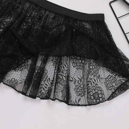 ABAFIP Sissy Skirts for Men Crossdressing Lingerie Sheer Lace Floral Flared Pleated Micro Mini Skirt Nightwear Underwear Black One Size