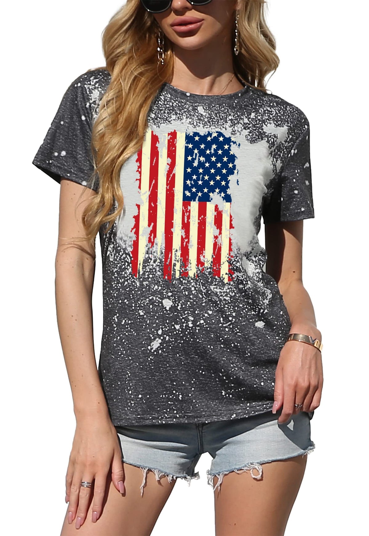 American Flag Shirt Women Patriotic Shirt Vintage USA Flag Bleached T-Shirt Short Sleeve 4th of July Tee Tops (Dark Grey-2, X-Large)
