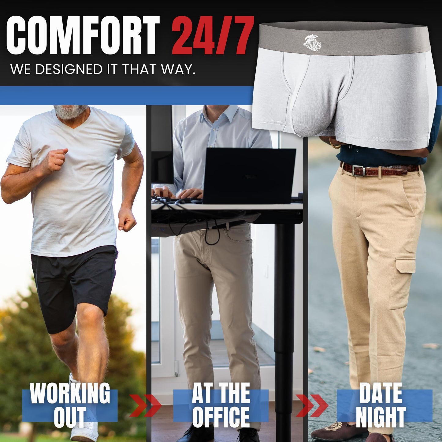 Real Men 3in Modal Boxer Briefs D Pouch Lrg 3pk SltGry/DrkHthrGry/Wht Mens Sexy Bulge Enhancing Underwear Boxer Briefs Short Leg Warmest Underwear For Men