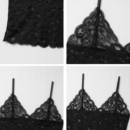 Men’s Lace Cami Top Floral Sheer Camisole Ruffle V-Neck Sleeveless Shirt See Through Undershirt Black Medium