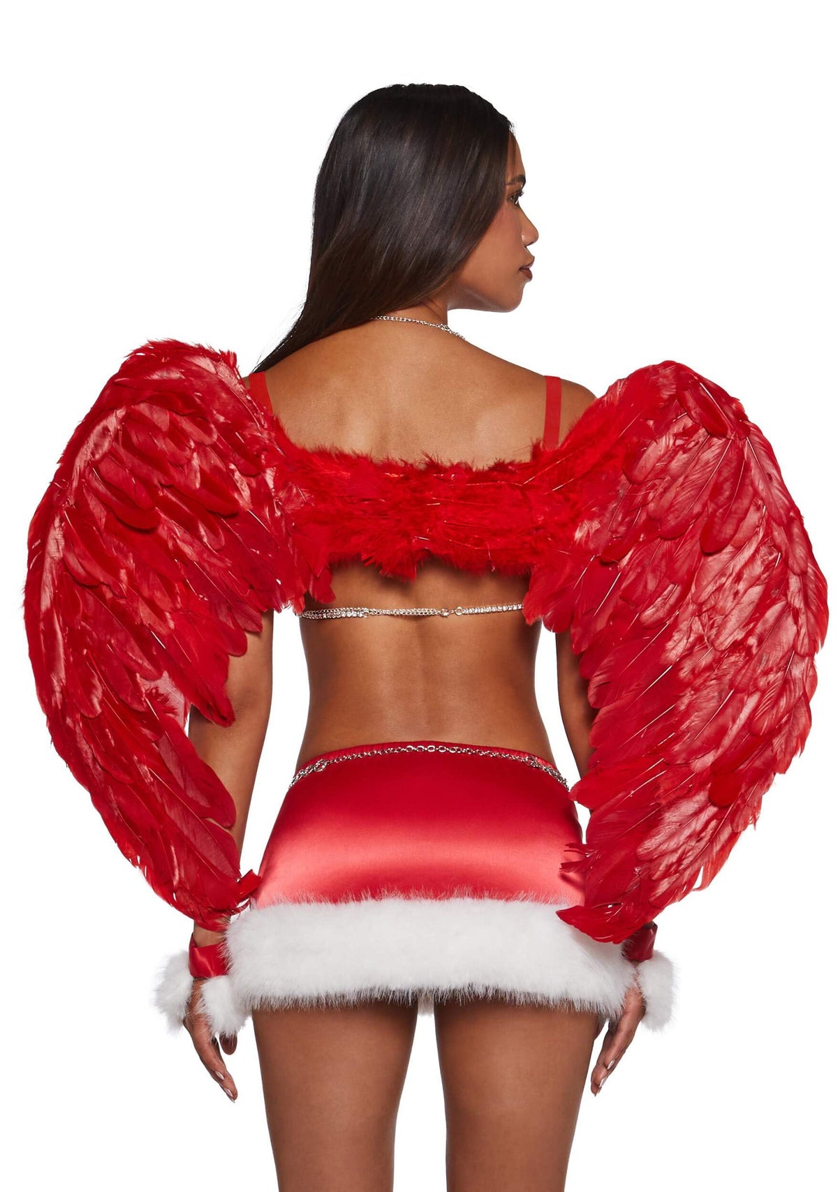 Dolls Kill Supermodel Angel Costume by Trickz N’ Treatz – Women’s Red Bejeweled Bra, Skirt, Gloves & Wings Set, Medium