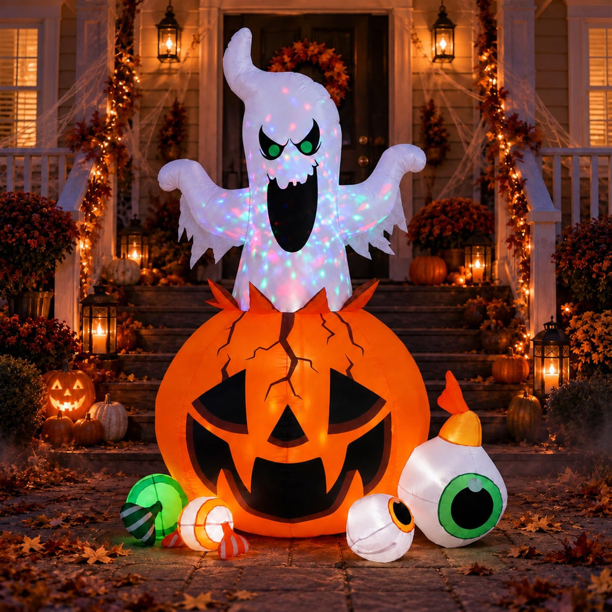 Halloween Inflatable Ghost Pumpkin with Colorful LED Lights Yard Decor