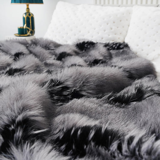 Fox Faux Fur Luxury Throw Blanket - Super Warm, Elegant & Cozy - 74"x90" Grey Washable Plush Blanket for Couch, Armchair & Bed