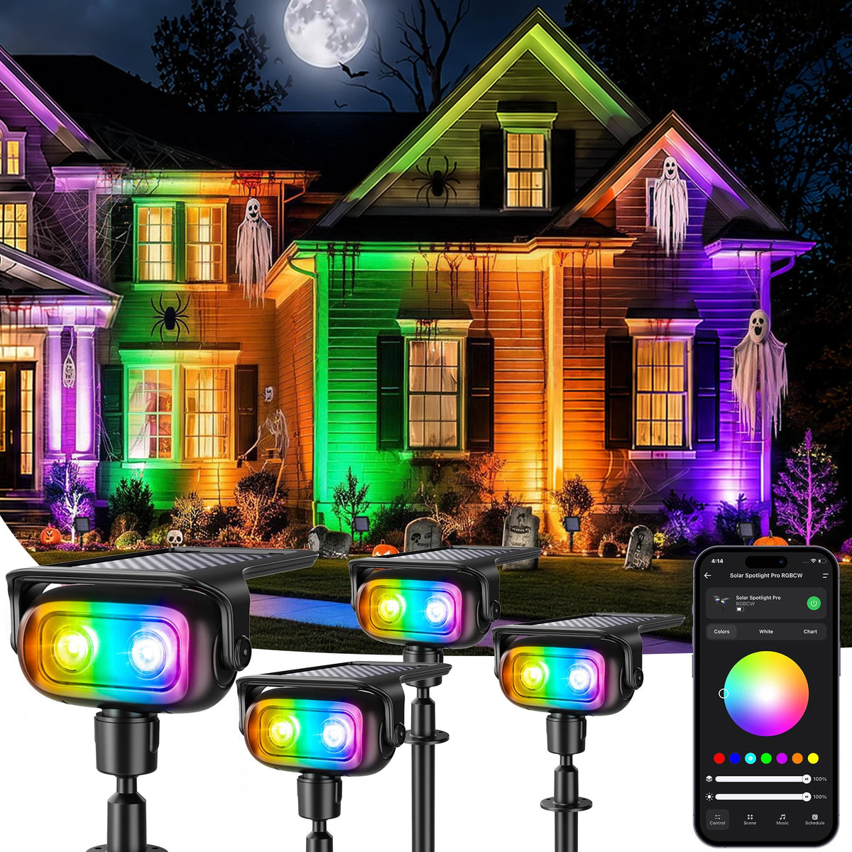 Smart Solar Spot Lights Halloween, Outdoor Yard RGBCW Spotlight