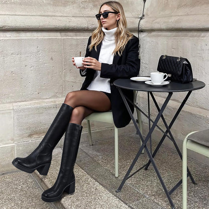 Knee High Boots for Women - Platform Chunky Square Toe Tall Boots with Block Heeled Side Zipper, Fashion Long Gogo Boots for Spring Fall