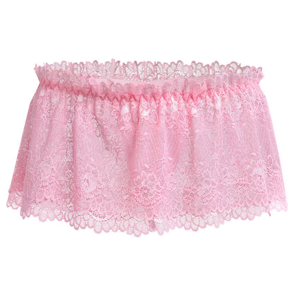ABAFIP Men's Lace Lingerie Crossdressing Sissy Skirted Panties Low Waist Mesh Sheer G-string Thong Bikini Briefs Underwear Pink Large