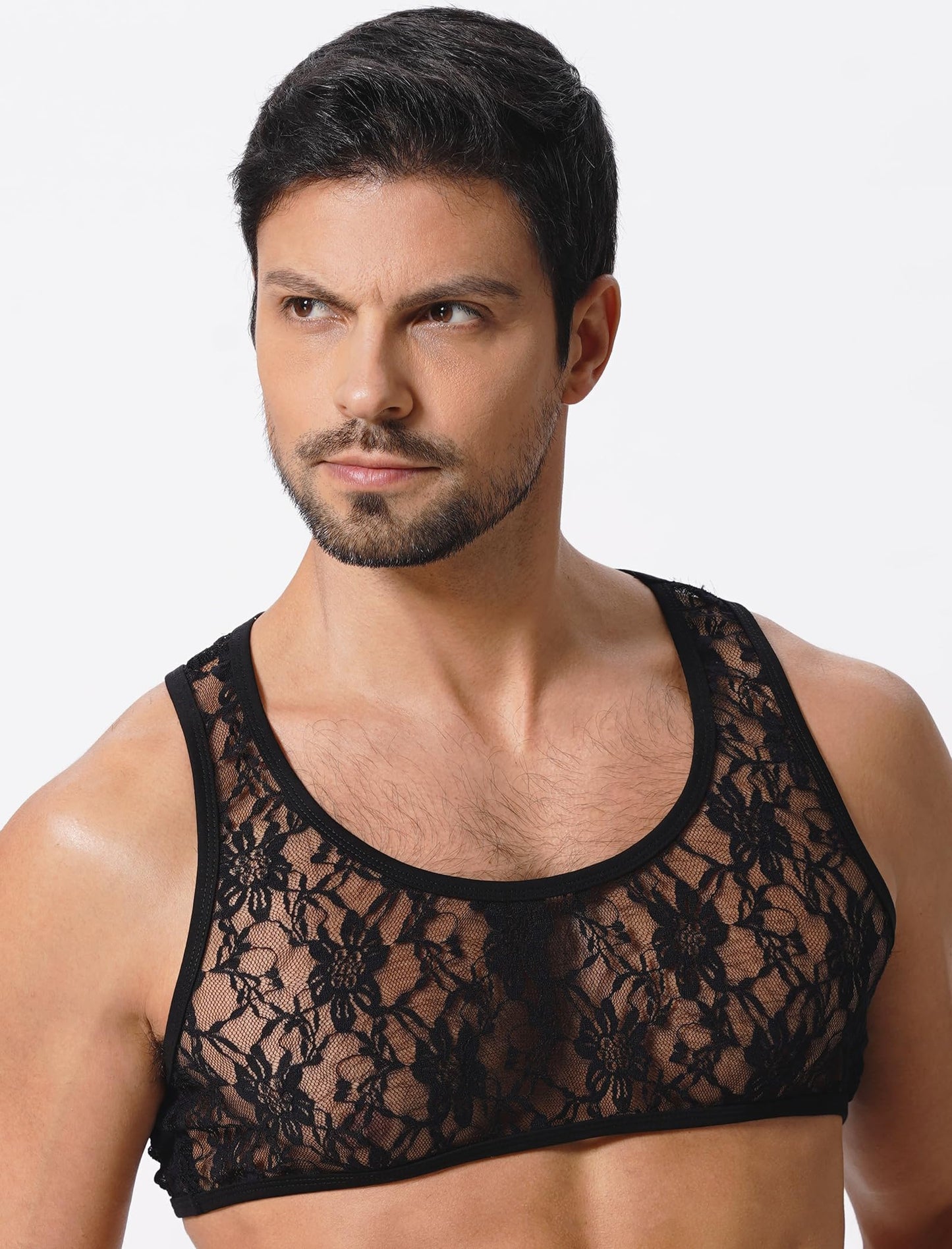ABAFIP Men's Sissy Lace Muscle Tank Floral Crop Top Semi Transparent Sheer Mesh Vest Half Top Undershirt Black Large