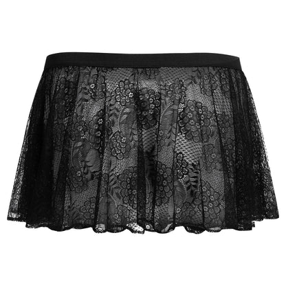 ABAFIP Sissy Skirts for Men Crossdressing Lingerie Sheer Lace Floral Flared Pleated Micro Mini Skirt Nightwear Underwear Black One Size