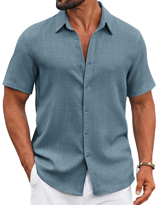 COOFANDY Beach Shirts for Men Short Sleeve Button Up Shirts Linen Beach Summer Shirts Untucked Shirt Dark Blue
