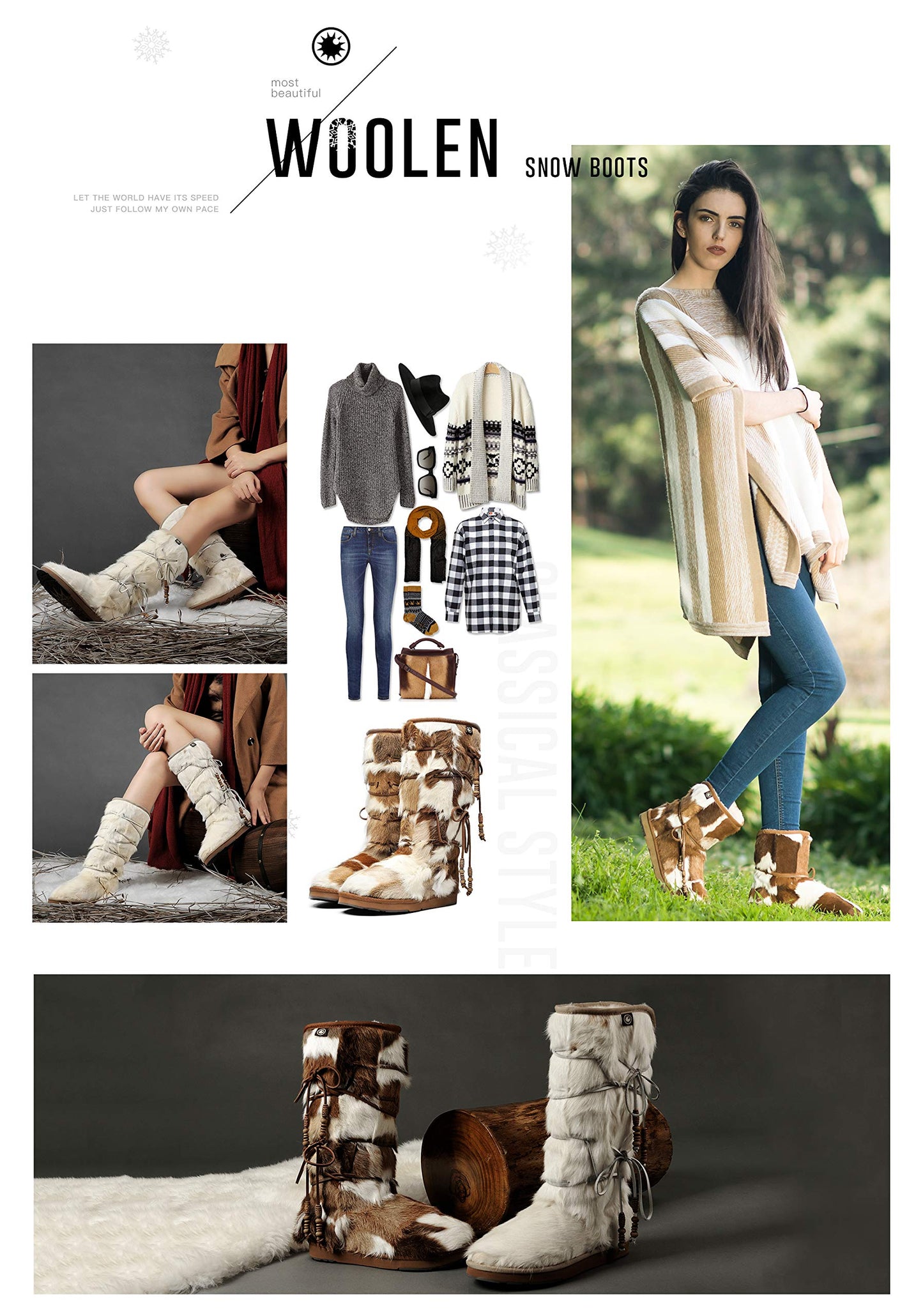 AU&MU AUMU Women Sheepskin Fur Wooden Bead String Stylish Knee High Winter Snow Boots Chestnut Size 9