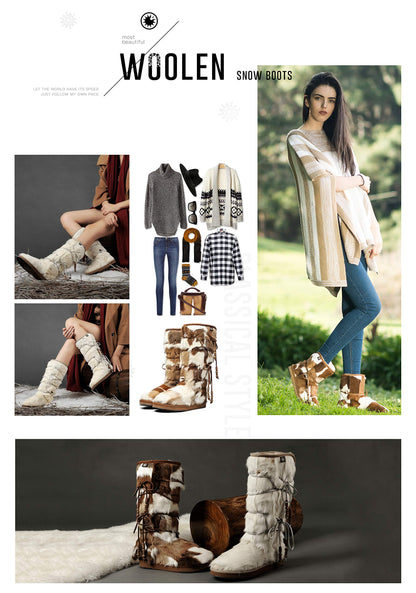 AU&MU AUMU Women Sheepskin Fur Wooden Bead String Stylish Knee High Winter Snow Boots Chestnut Size 9
