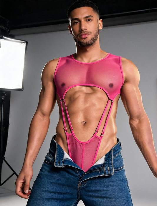 Men Sexy Lingerie High Cut Fishnet Bodysuit One Piece Lingerie Top Club Rave Outfits Rose Red S