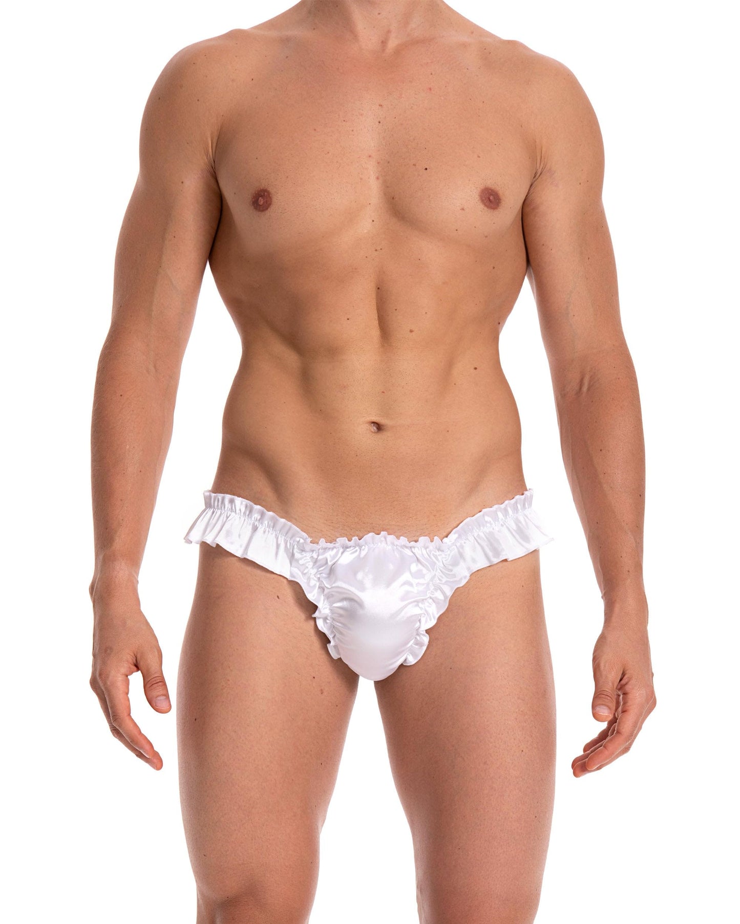 Satini Men's Satin Ruffle Low Rise Sissy Thong Tanga Knickers Briefs Panties (White, M)