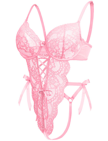 Donnalla Lingerie Sets for Women Sexy - Underwire Push Up Bodysuit with Bows, Side Cutout Lace Teddy Lingerie Pink