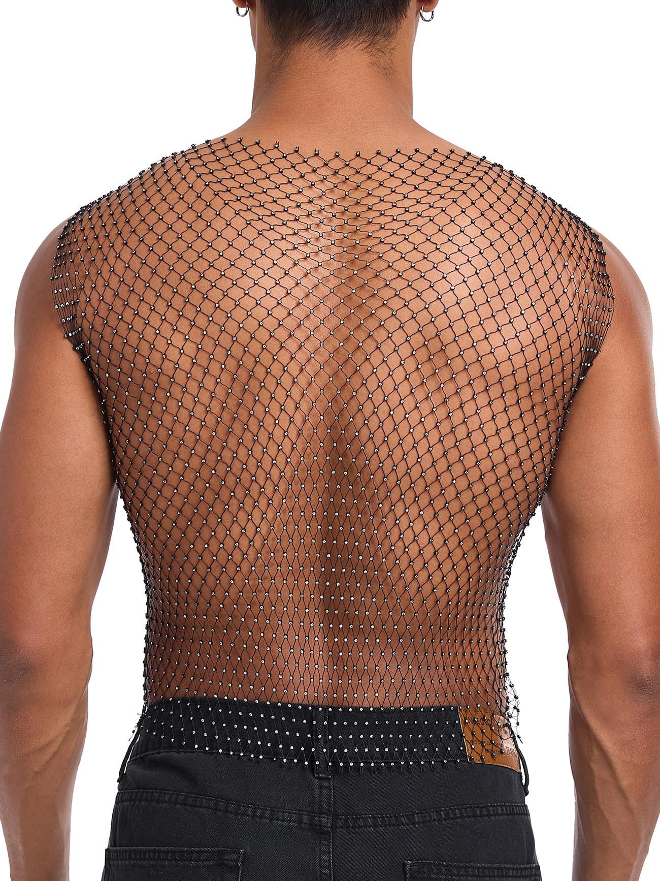 CYCLAMEN Rhinestone Mens Tank Tops Fishnet Sparkly Diamond Sleeveless Shirt See Through Festival Sexy Outfits Rave Party, Black, One Size