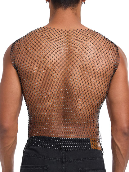 CYCLAMEN Rhinestone Mens Tank Tops Fishnet Sparkly Diamond Sleeveless Shirt See Through Festival Sexy Outfits Rave Party, Black, One Size
