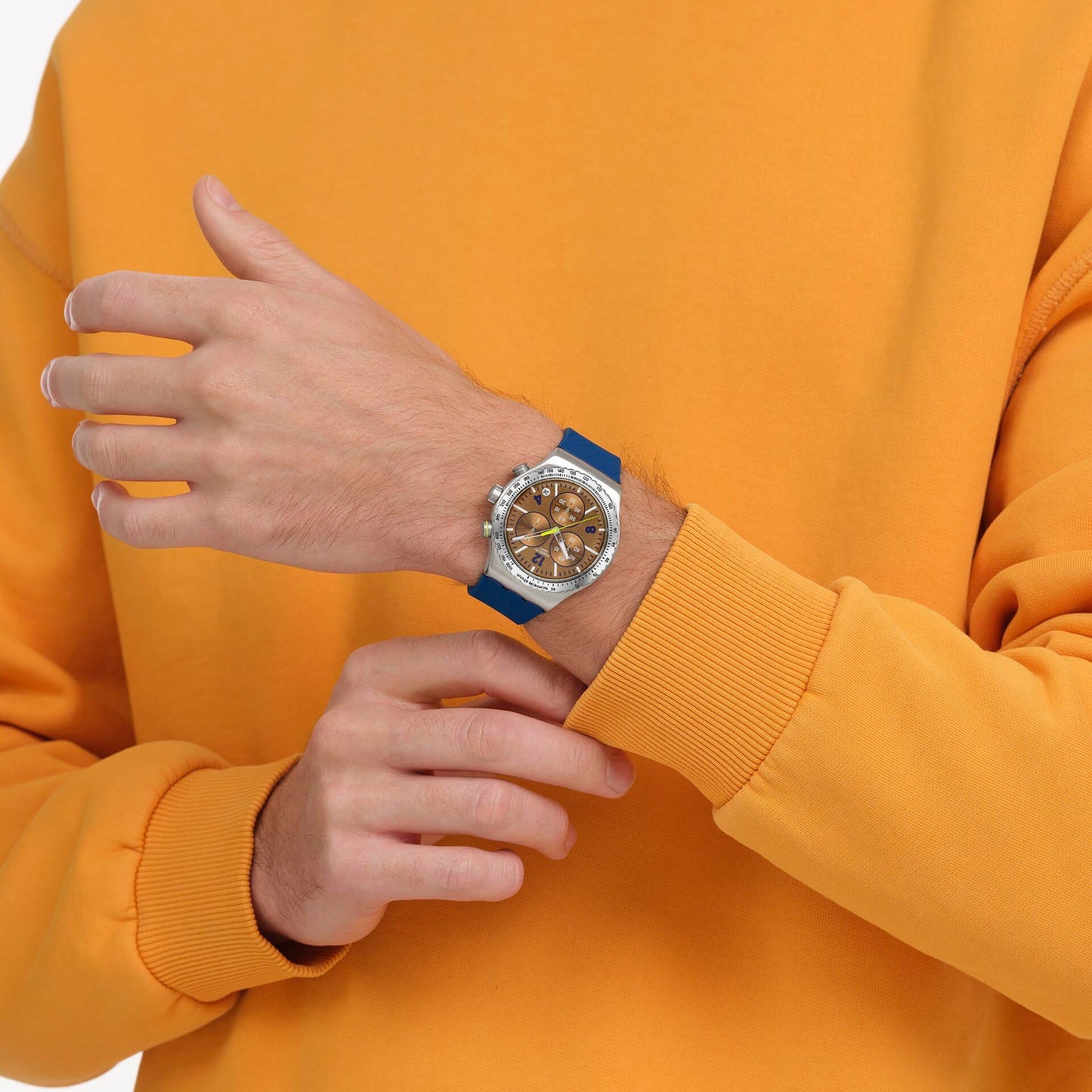 Swatch New Irony Chrono Unisex Dress Watch Stainless Steel Brown Quartz Water Resistant SIDEREAL Glow