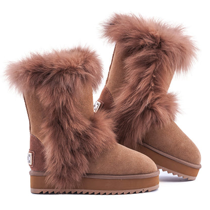 AUSLAND Waterproof Genuine Suede Platform Boots for Women Furry Winter Short Boot Ladies Fur Boots 4.5US Chestnut 99256 35EU