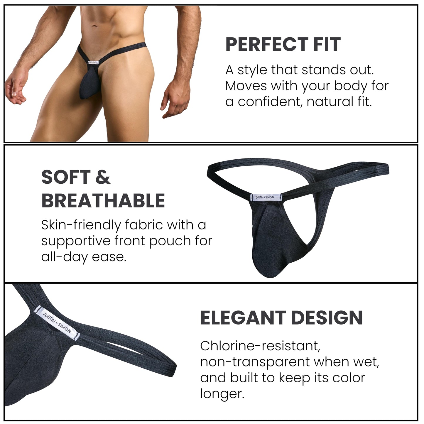 MALEBASICS Men's Thong Underwear Bulge Pouch - Sexy Low Rise G-String T-Back Bikini, Breathable Nylon Stretch Fit Black S