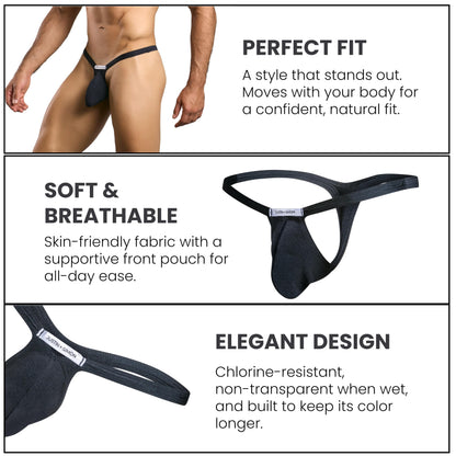 MALEBASICS Men's Thong Underwear Bulge Pouch - Sexy Low Rise G-String T-Back Bikini, Breathable Nylon Stretch Fit Black S