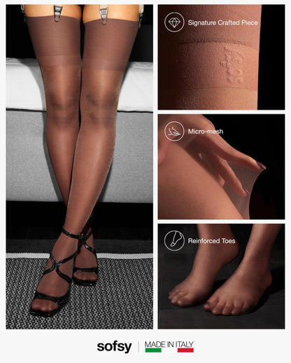 sofsy Signatured Italian-Made Brown Sheer Stockings for Garter Belt | 15 Den Women's Lingerie Thigh High Nylon | Silky Soft Seamless Fit - Medium