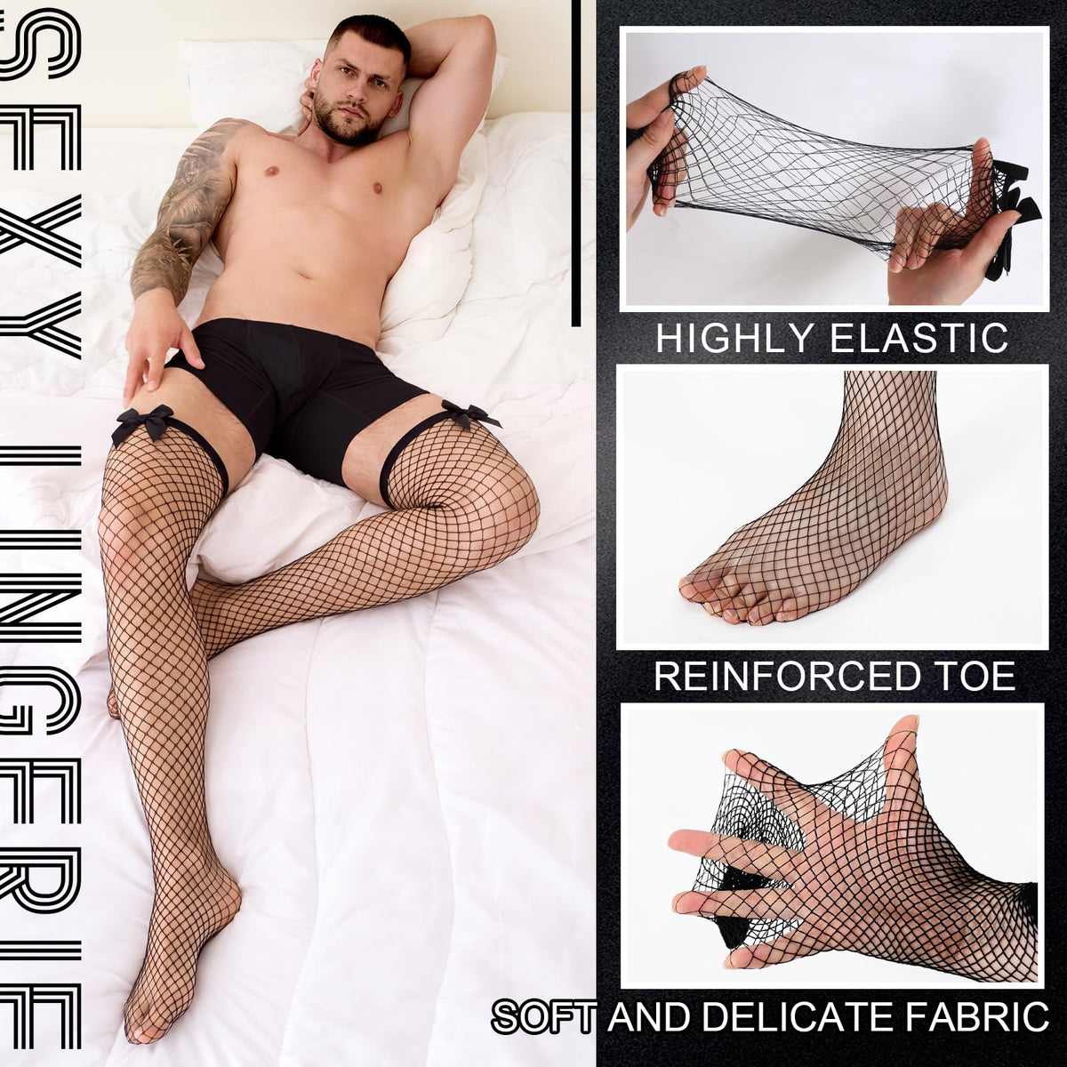 Men's Lace Fishnet Thigh High Stocking Bow 6 Pairs