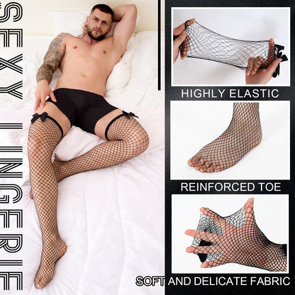 Men's Lace Fishnet Thigh High Stocking Bow 6 Pairs