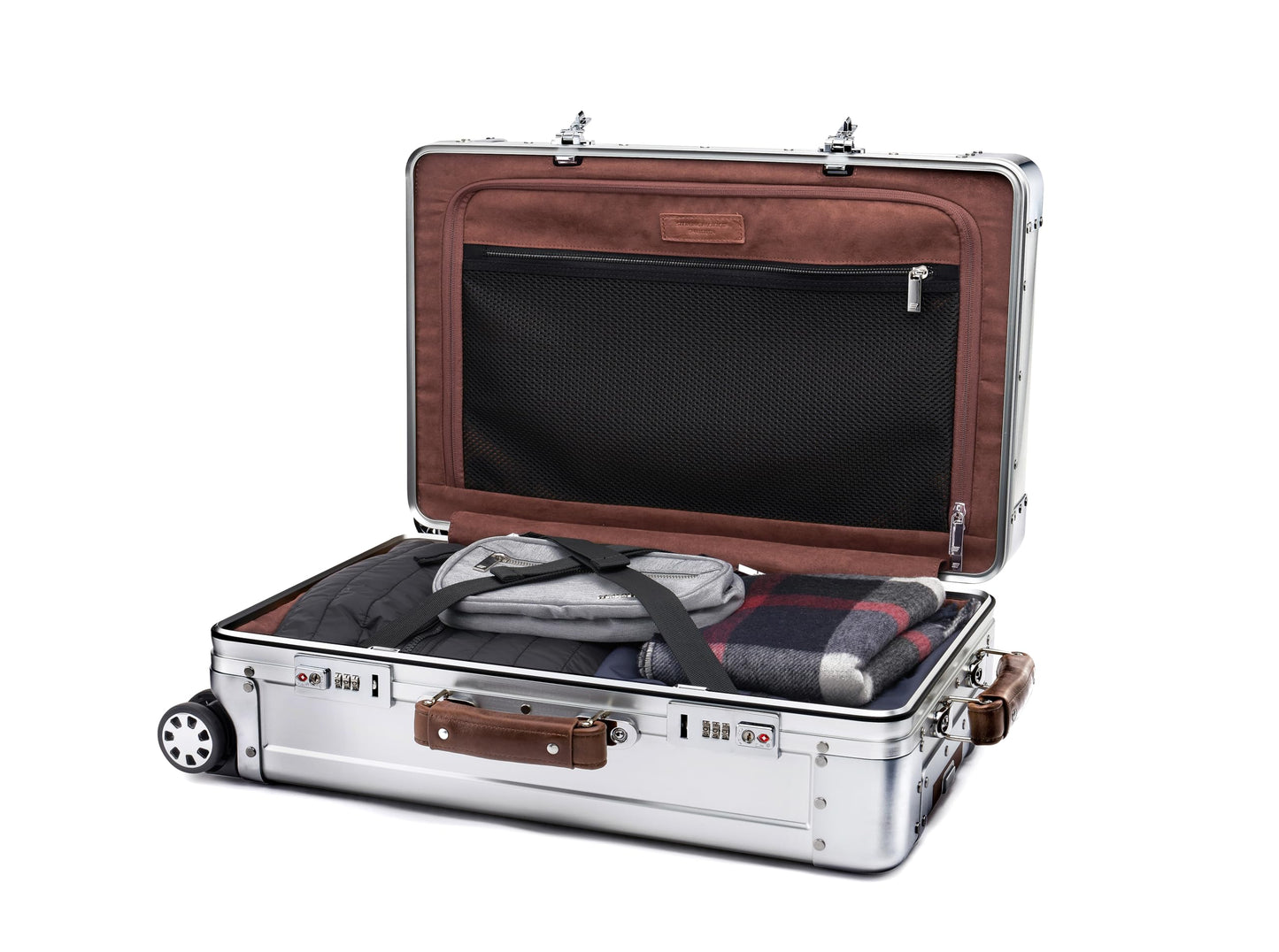 Sterling Pacific 40L Cabin Travel Case – Full Aluminum Four Wheel Carry On Luggage, Italian Leather Handles